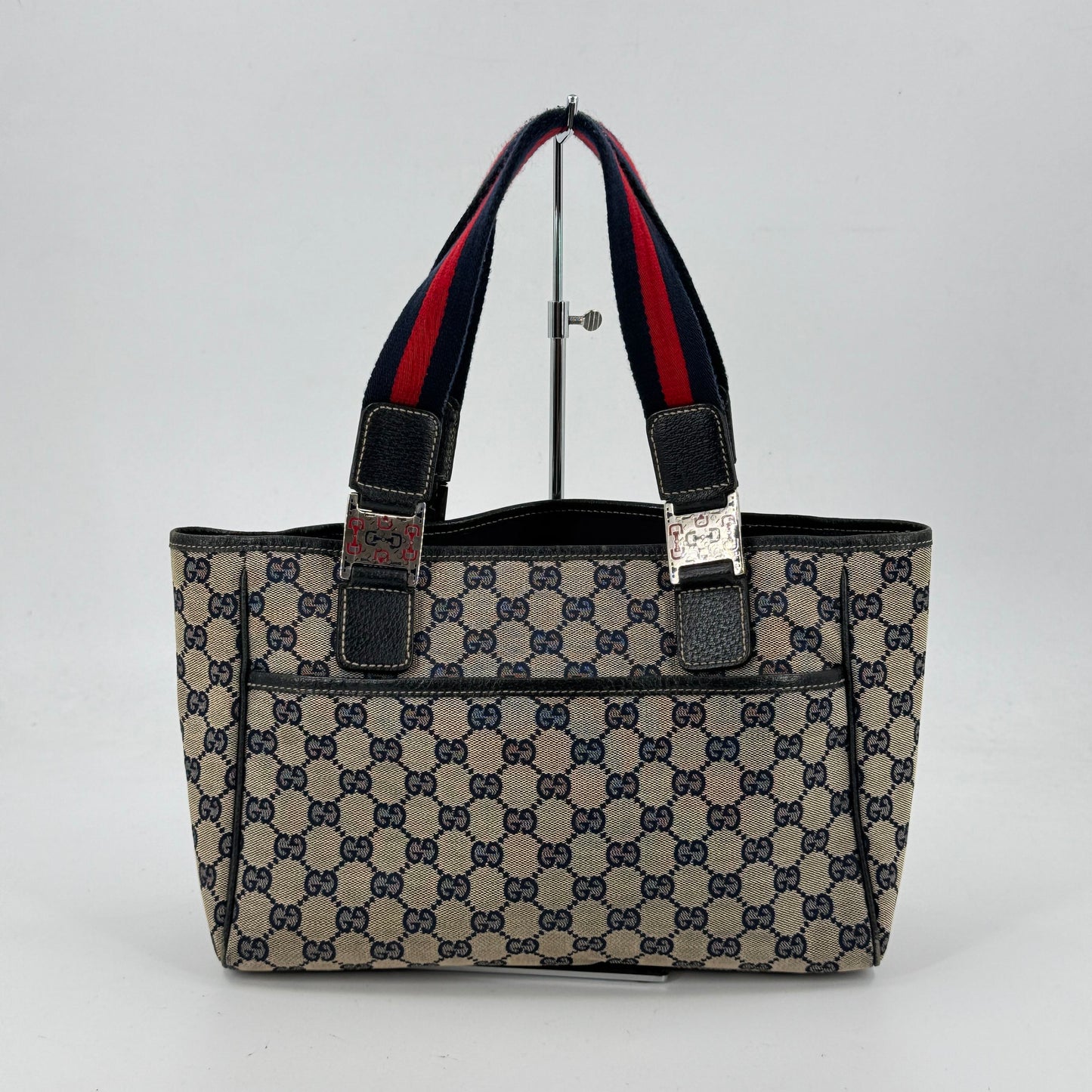 GUCCI GGキャンバス ウェビング シェリーライン トートバッグ ネイビー 131230