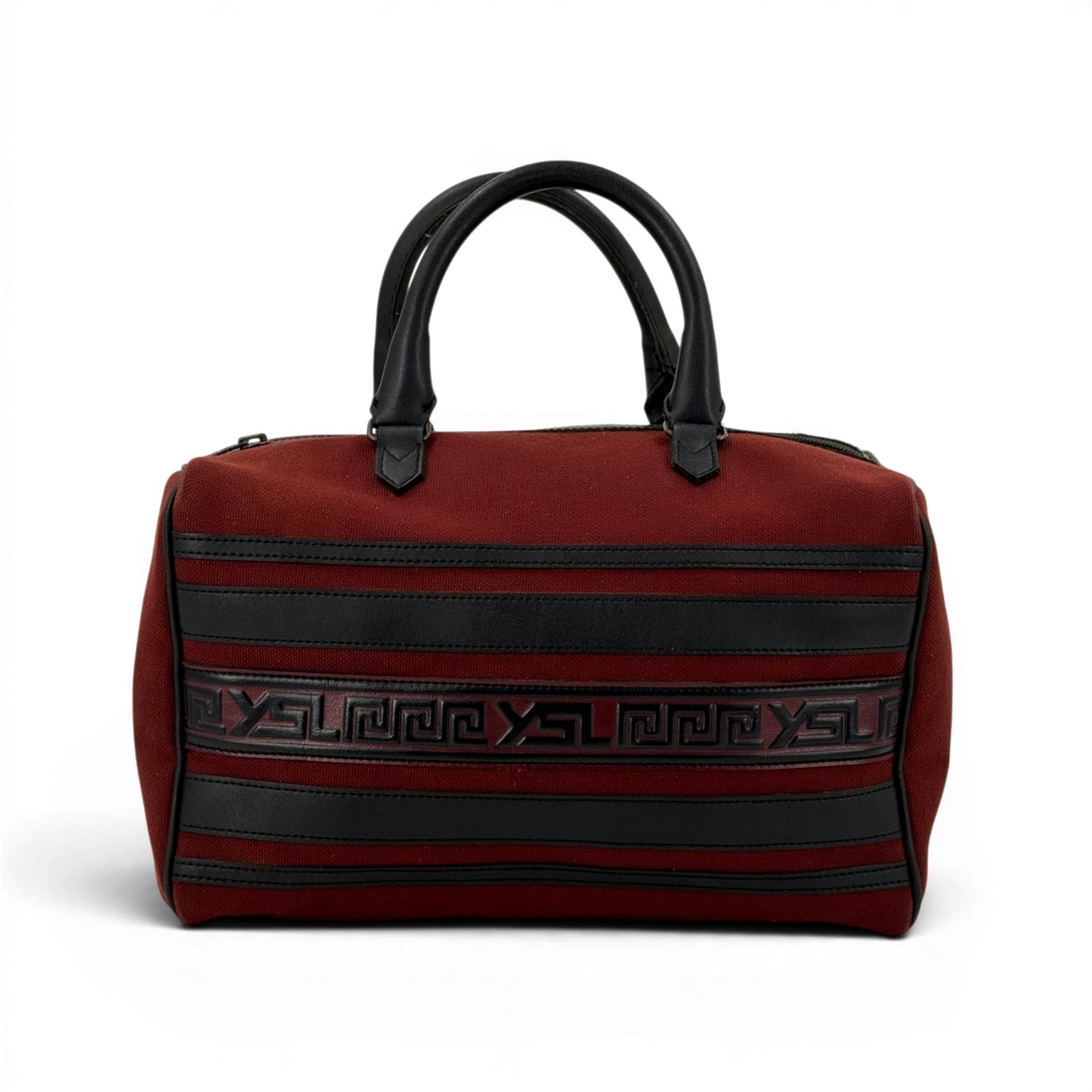 Yves saint laurent YSL ロゴ ボーダー キャンバス ボルドー ミニボストンバッグ