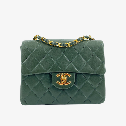 CHANEL Vintage Green Lambskin 17cm Mini Square Flap Bag