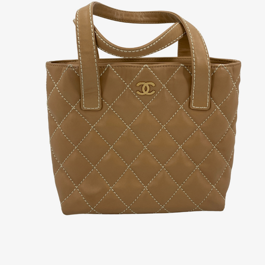 CHANEL Calfskin Wild Stitch Matelasse Tot Bag Beige