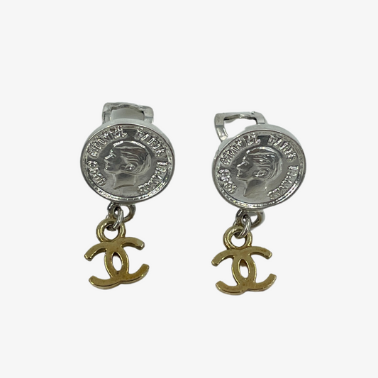 CHANEL Metal Coco Mark Silver & Gold Coin Earring