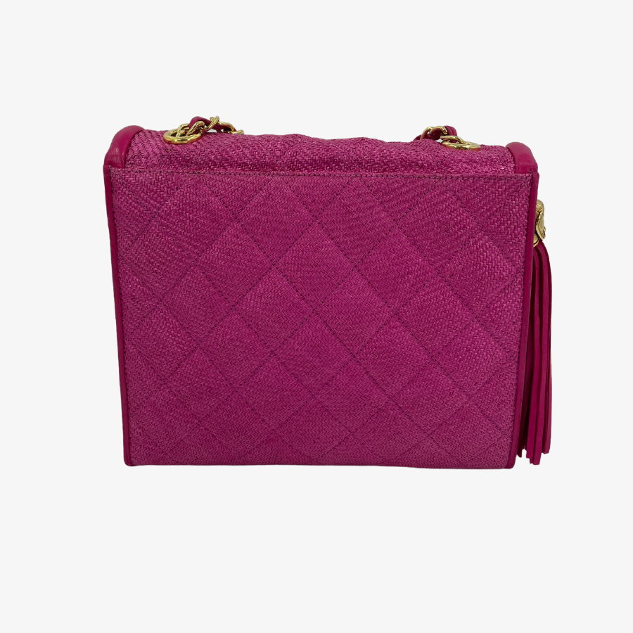 CHANEL Raffia Fringe Pink Chain Shoulder Bag