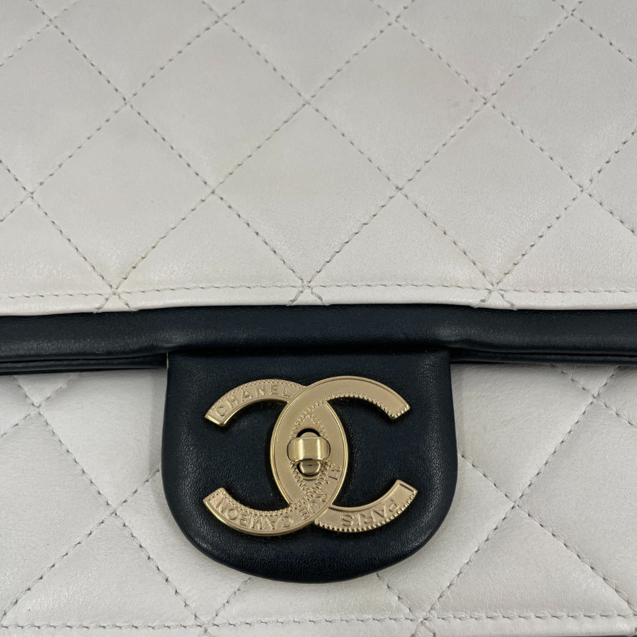 CHANEL White & Black Lambskin Matelasse Chain Shoulder Bag