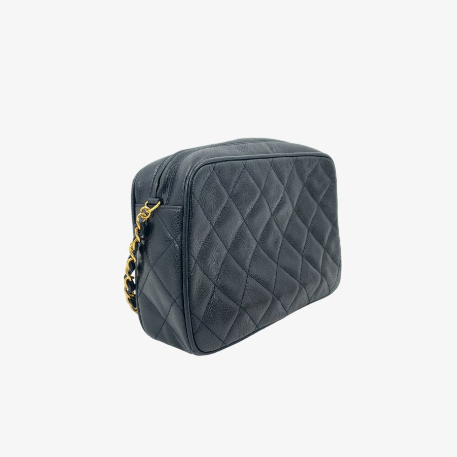 CHANEL Vintage Black Caviar Leather Quilted Camera Bag
