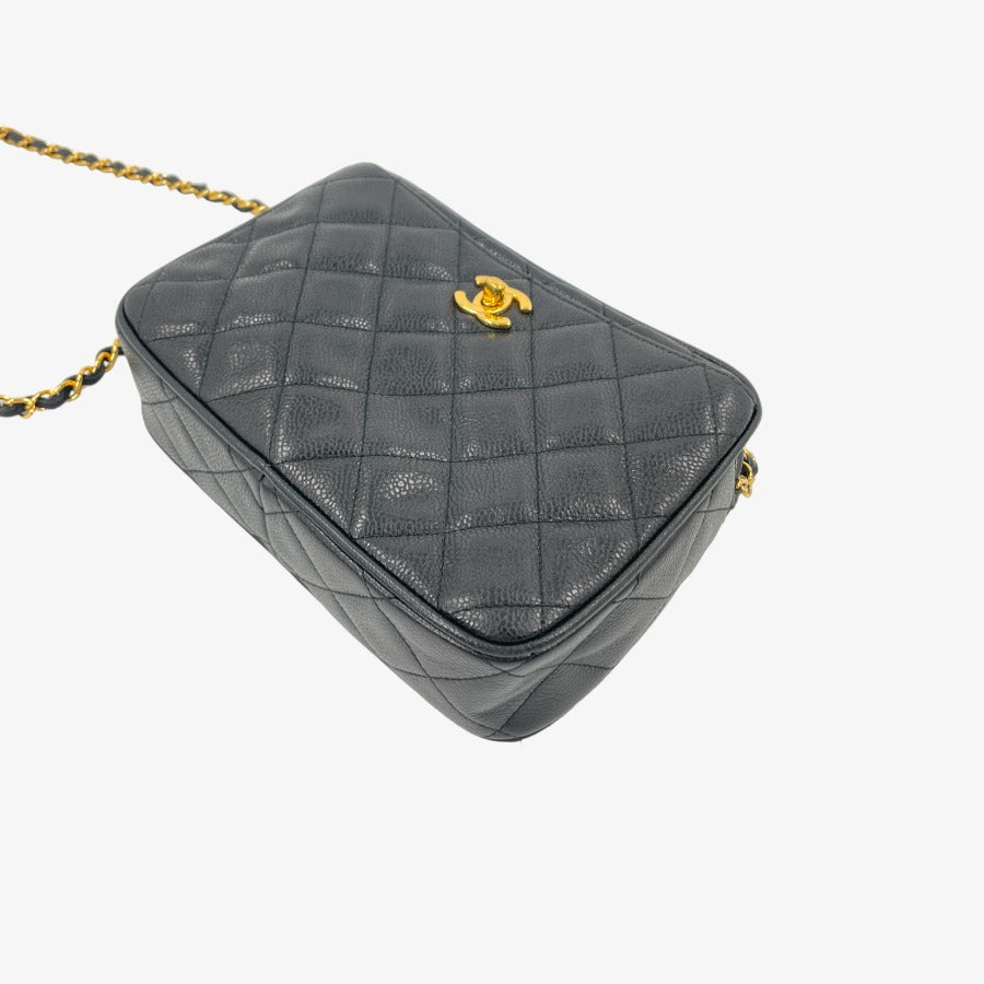 CHANEL Vintage Black Caviar Leather Quilted Camera Bag