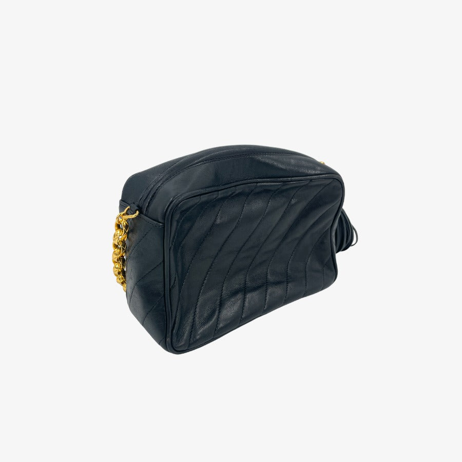 CHANEL Vintage Black Lambskin Tassels Gold Chain Camera Bag