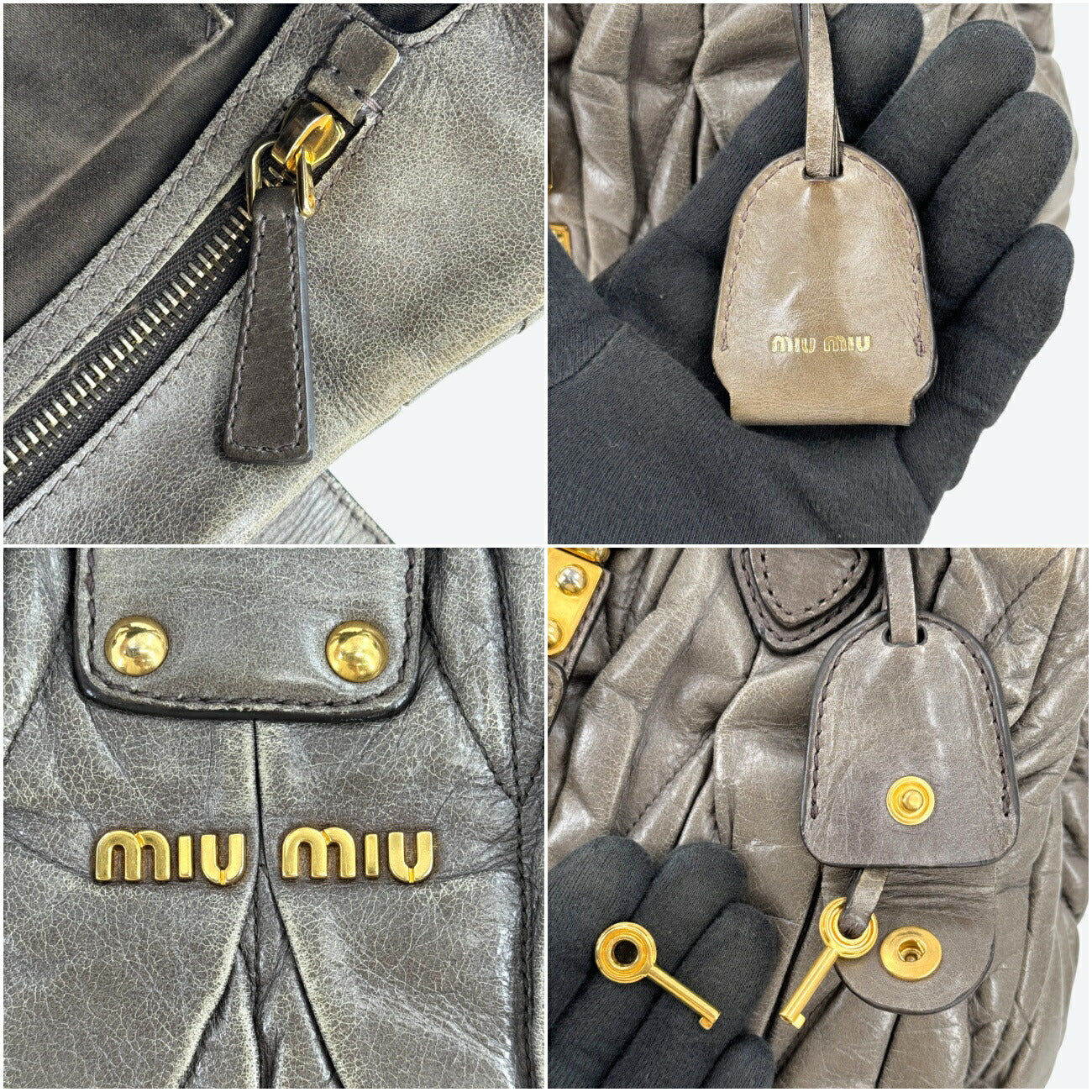MIU MIU ギャザー ショルダーバッグ ラムスキン グレー