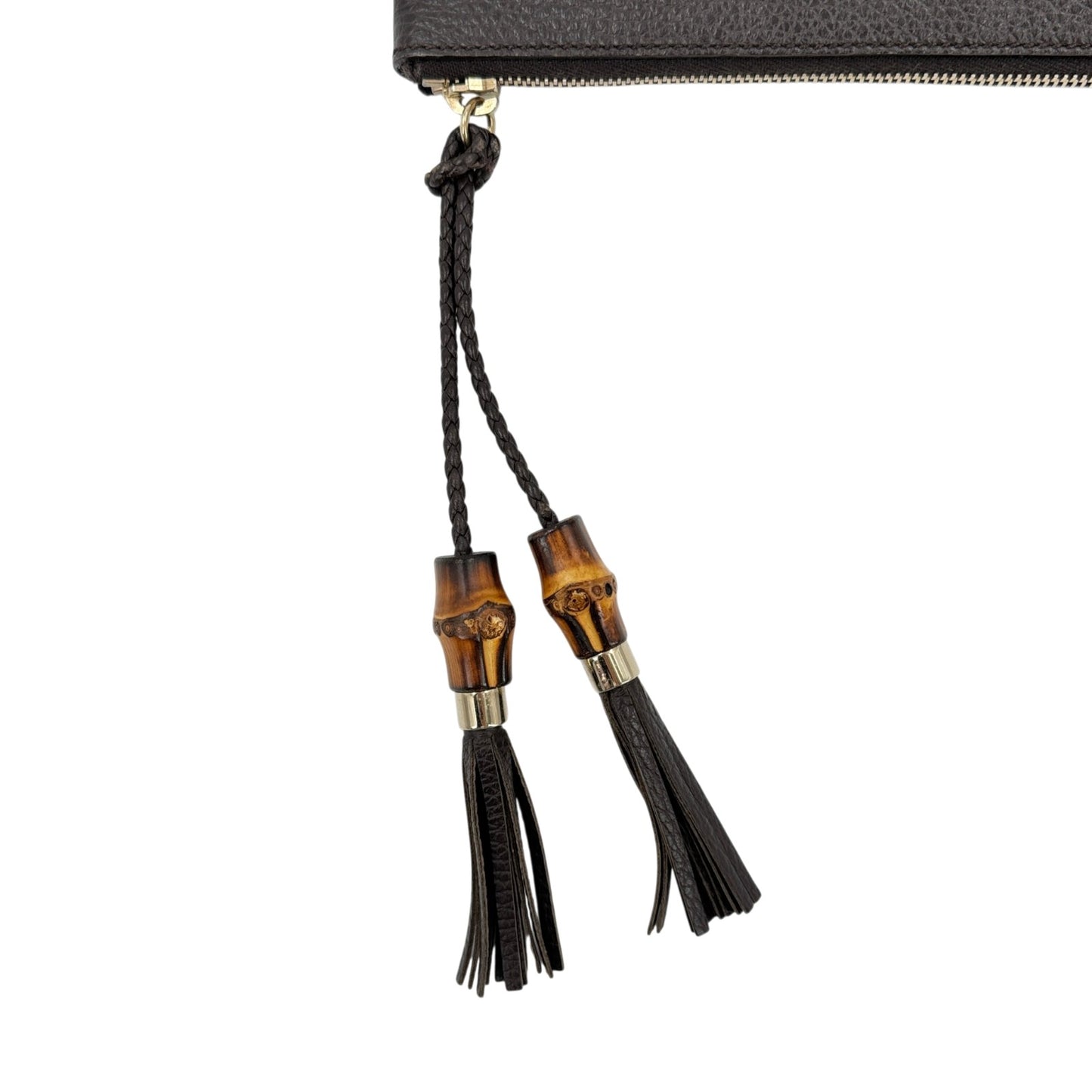 GUCCI ポーチ ダークブラウン レザー クラッチバッグ バンブータッセル