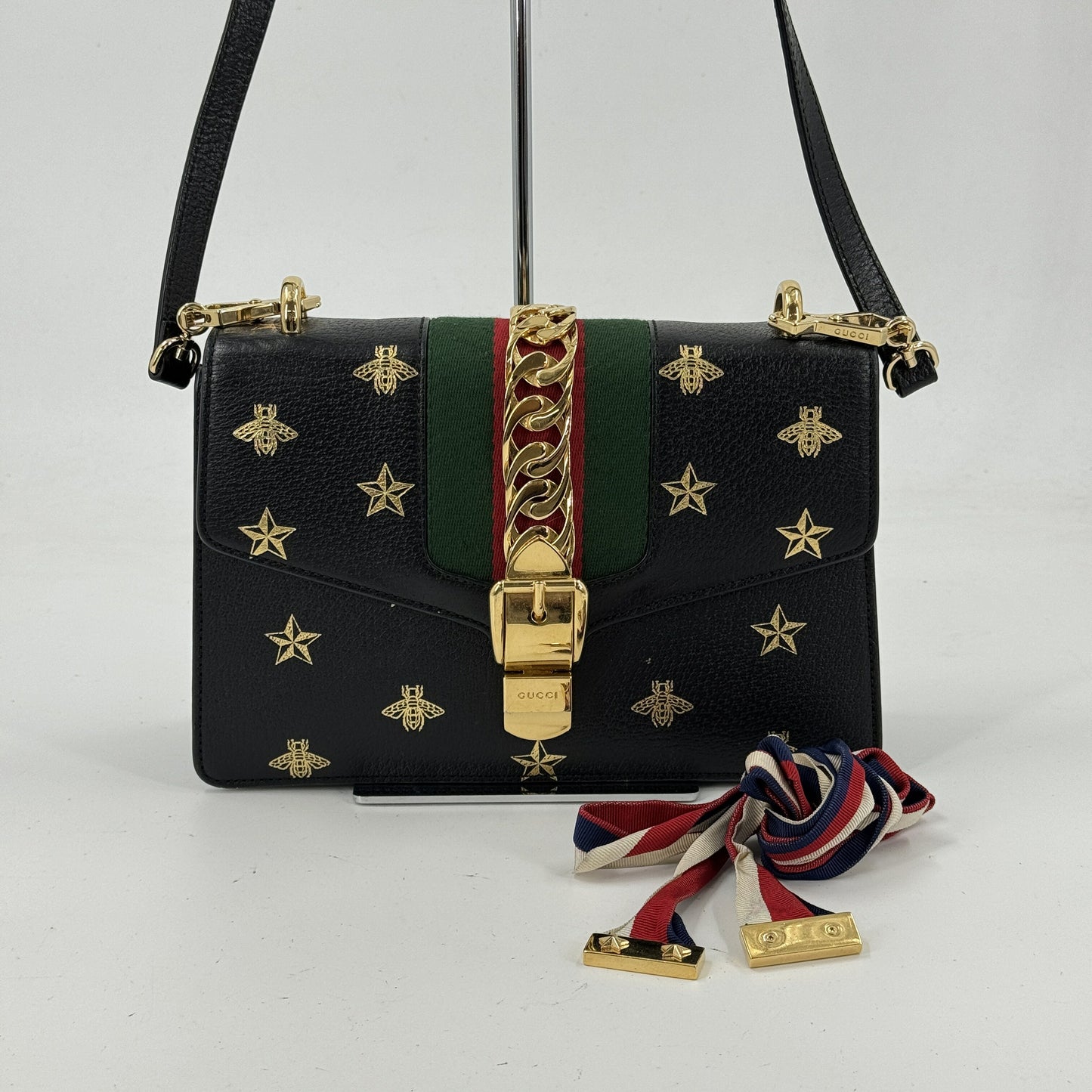 GUCCI シヴィ ビー＆スター ブラックレザー ミニショルダーバッグ 5244054 93075