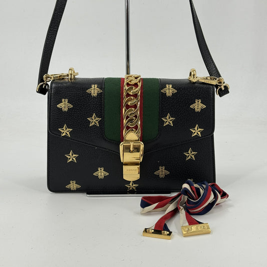 GUCCI シヴィ ビー＆スター ブラックレザー ミニショルダーバッグ 5244054 93075
