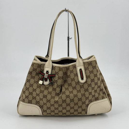 GUCCI GGキャンバス シェリライン ベージュ×ホワイト トートバッグ 163805 213048