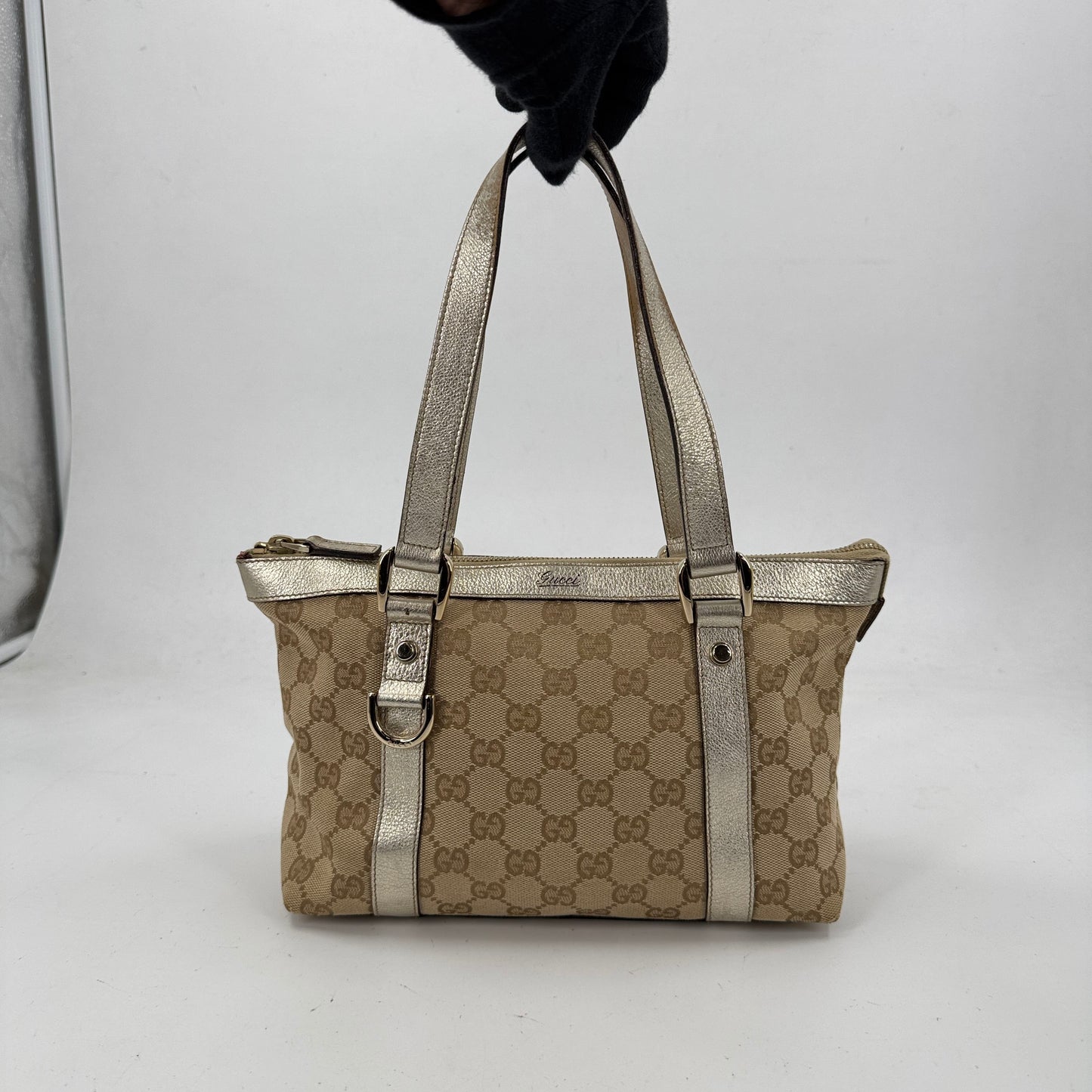 GUCCI GGキャンバス ベージュ×グレー ヴィンテージハンドバッグ 141471 213042