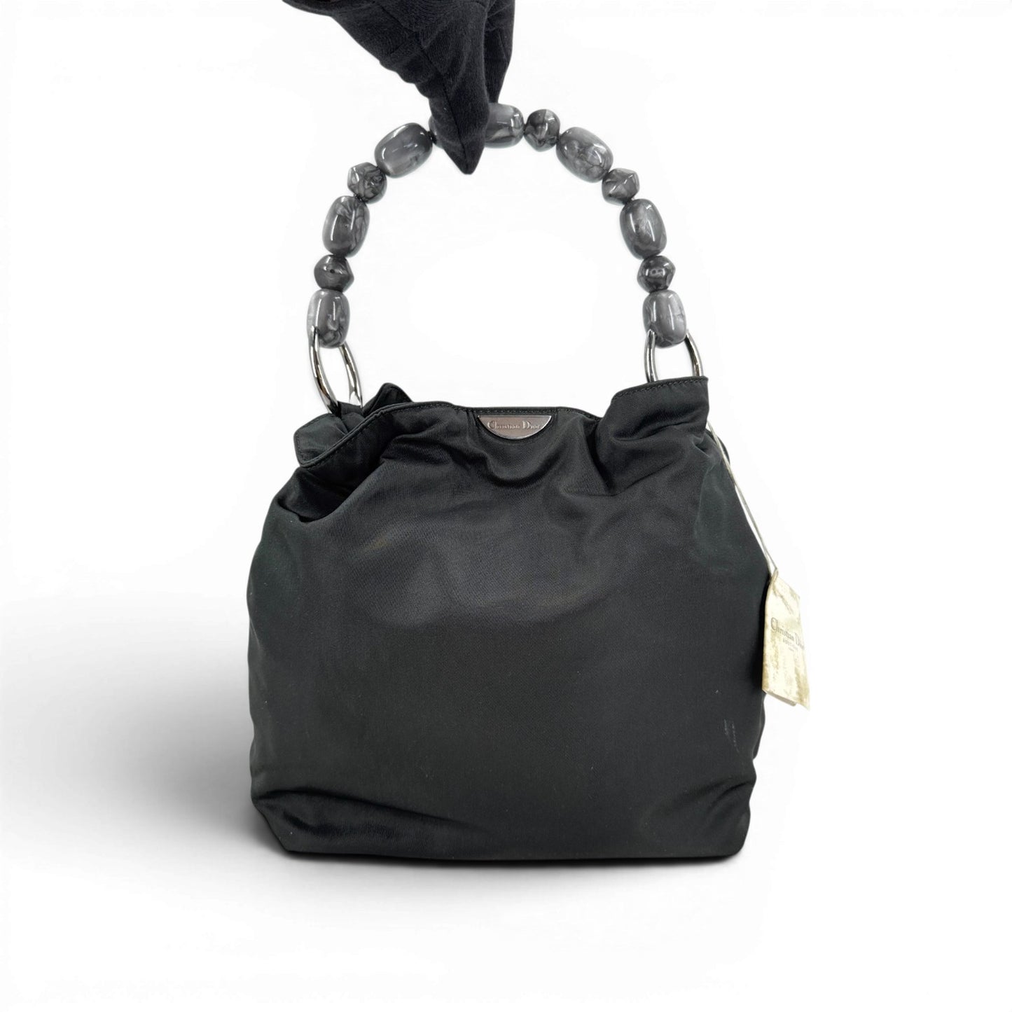 DIOR マリス パール ナイロン レザー ブラック ハンドバッグ ヴィンテージ カード付き