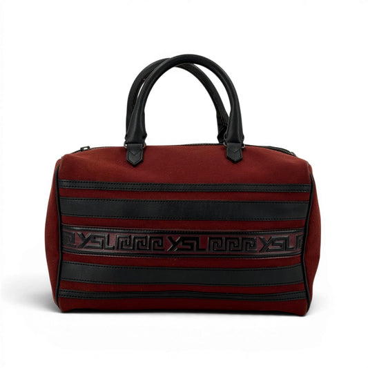 Yves saint laurent YSL ロゴ ボーダー キャンバス ボルドー ミニボストンバッグ