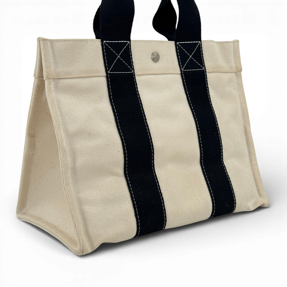 HERMES ホワイト x ブラック ボラボラMM ハンドバッグ