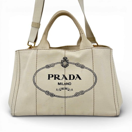 PRADA ミラノ デニム ホワイト カナパ 2WAY ハンドバッグ